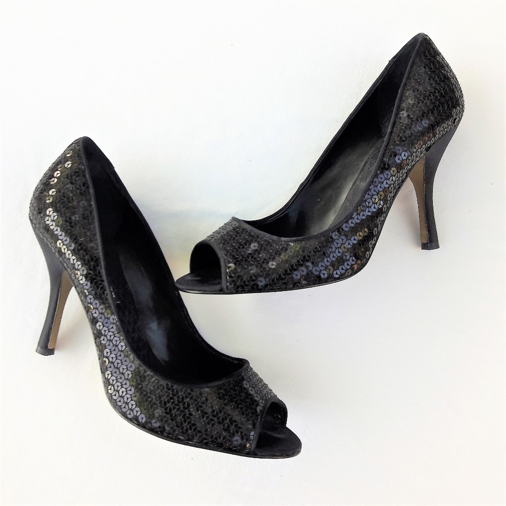 Enzo Angiolini Black Reflective Sequin Peep Toe Heels Leather 9.5